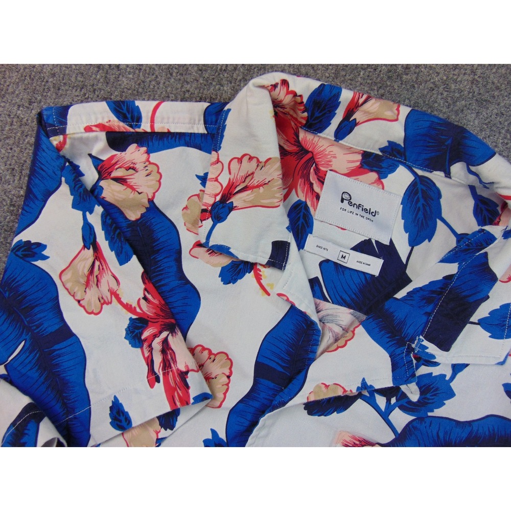 Penfield Shirt Mens Med White Blue Tropical‎ Hibiscus Floral Aloha Camp Hawaiian
